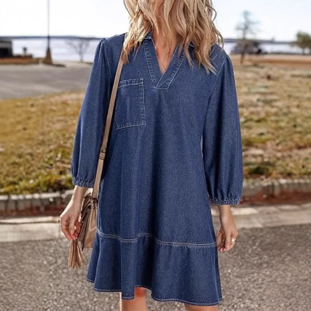 

2025 New Women's Casual Doll V-neck Seven-point Bubble Sleeve Denim Dress Europe and America