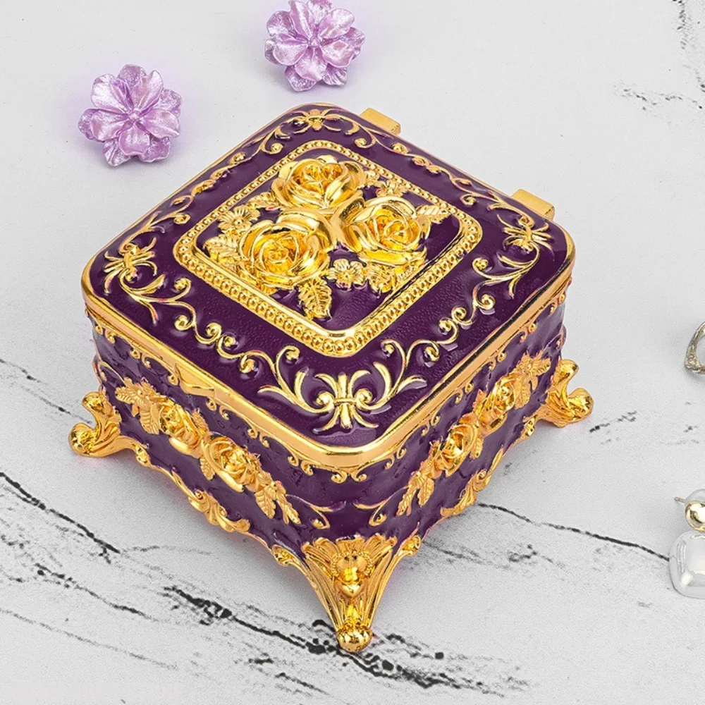 Small Gold-Plated Metal Vintage European Style Hand Painted Rose Jewelry Organizer Box for Jewelries Cotton Buds