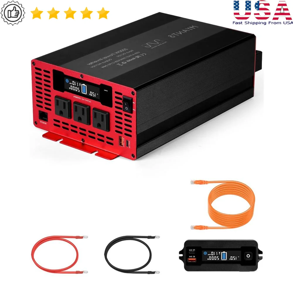 2000W Pure Sine Wave Power Inverter 12V DC to 110/120V AC Converter with 3 AC Outlets Fast USB Ports Phones TVs Refrigeration