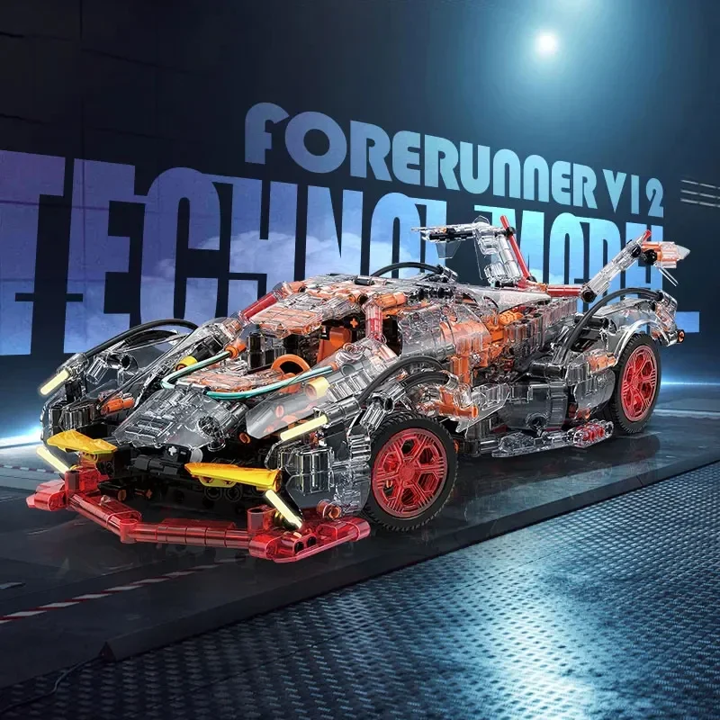 透明 V12 ブロックロードスター RC テックレーサー 1:14DIY ロードスタービルディングブロックアセンブリブロック車のおもちゃの誕生日ギフト