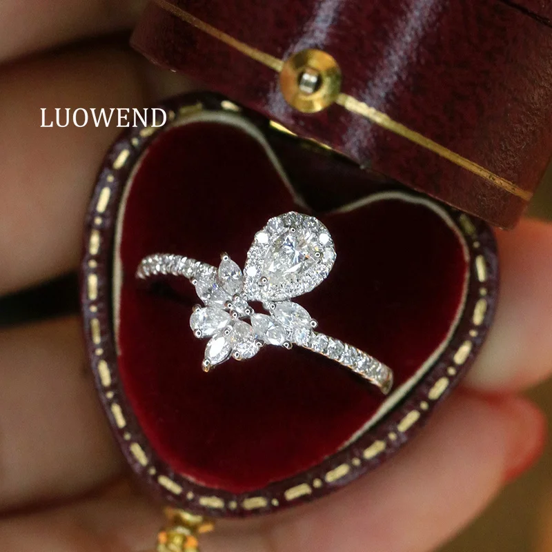 

LUOWEND 100% 18K White Gold Rings Luxury Elegant Style Real Natural Diamond Engagement Ring for Women High Party Jewelry