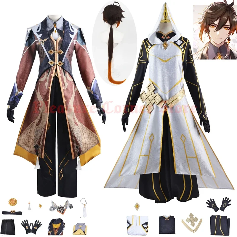 Jogo Genshin Impact Zhongli Cosplay Traje, Zhong Li Uniforme de Combate, Arconte Conjunto Completo Terno com Peruca, Roupas Morax