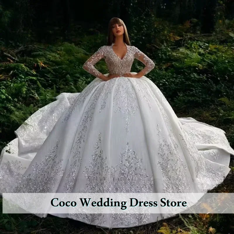 Customized Luxury Wedding Dresses V-Neck A-Line Full Sleeves  Appliques Shine Sequined Bridal Gown Floor-Length Vestido de Robes