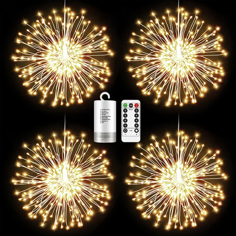 Luzes de fogo de artifício ao ar livre com controle remoto Pendurado Dandelion Fairy Light, Impermeável Festival Decoração Lâmpadas 180 LED