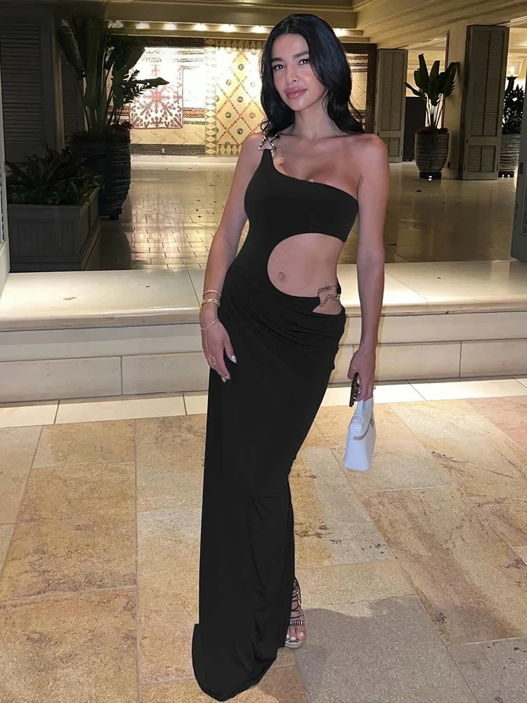 Sukienka maxi bodycon z metalową klamrą, seksowna, damska, asymetryczna, z wycięciami, na jedno ramię, obcisła, marszczona w talii, bez talii, klubowa, na noc.