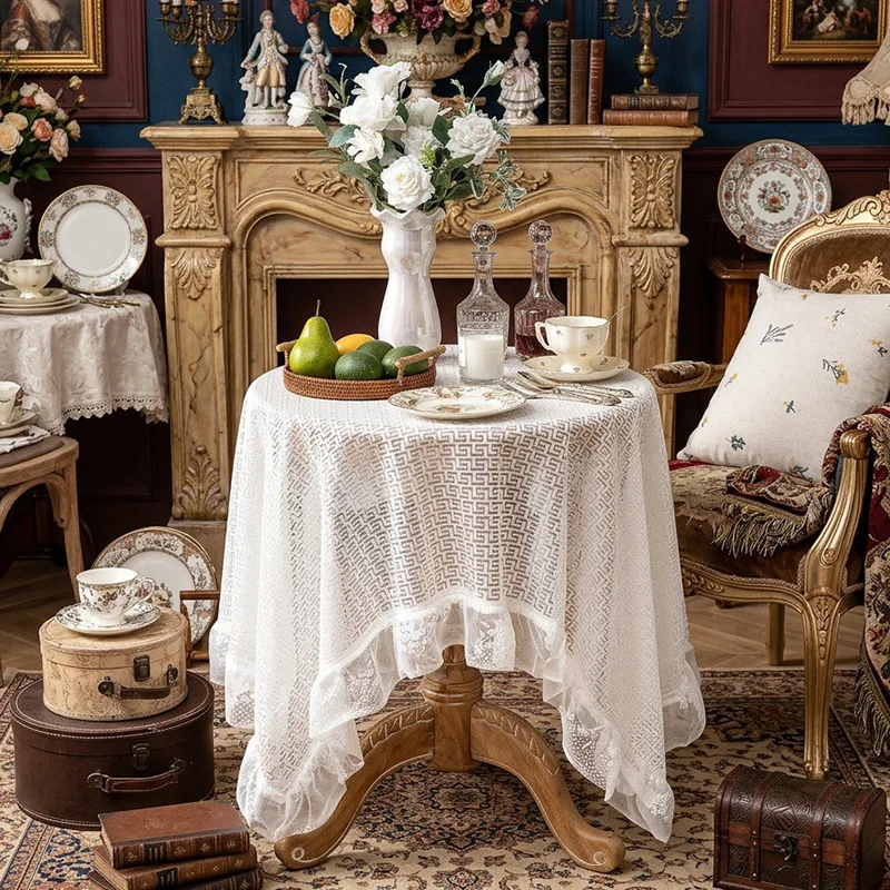 French Retro White Lace Tablecloth Crochet Hollow Lotus Leaf Edge Round Table Cloth Tea Table TV Cabinet Dining Table Cover