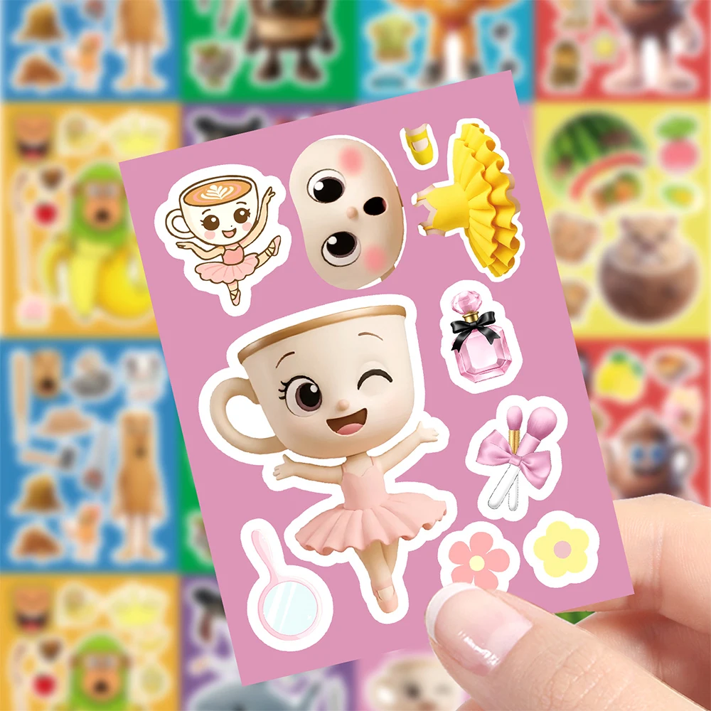 8/16 vellen Italiaanse Brainrot Maken een Gezicht Puzzel Stickers Tung Tung Sahur Dieren DIY Monteren Jigsaw Cartoon Decals Kid party Speelgoed