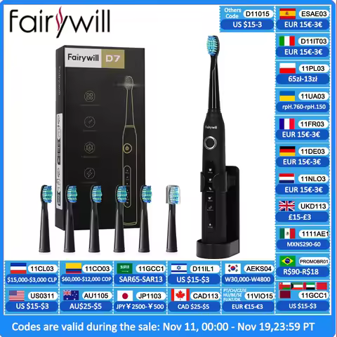 Fairywill Electric Sonic Toothbrush USB Charge FW-507 Rechargeable Waterproof Electronic Tooth Brushes Replacement Heads Adult