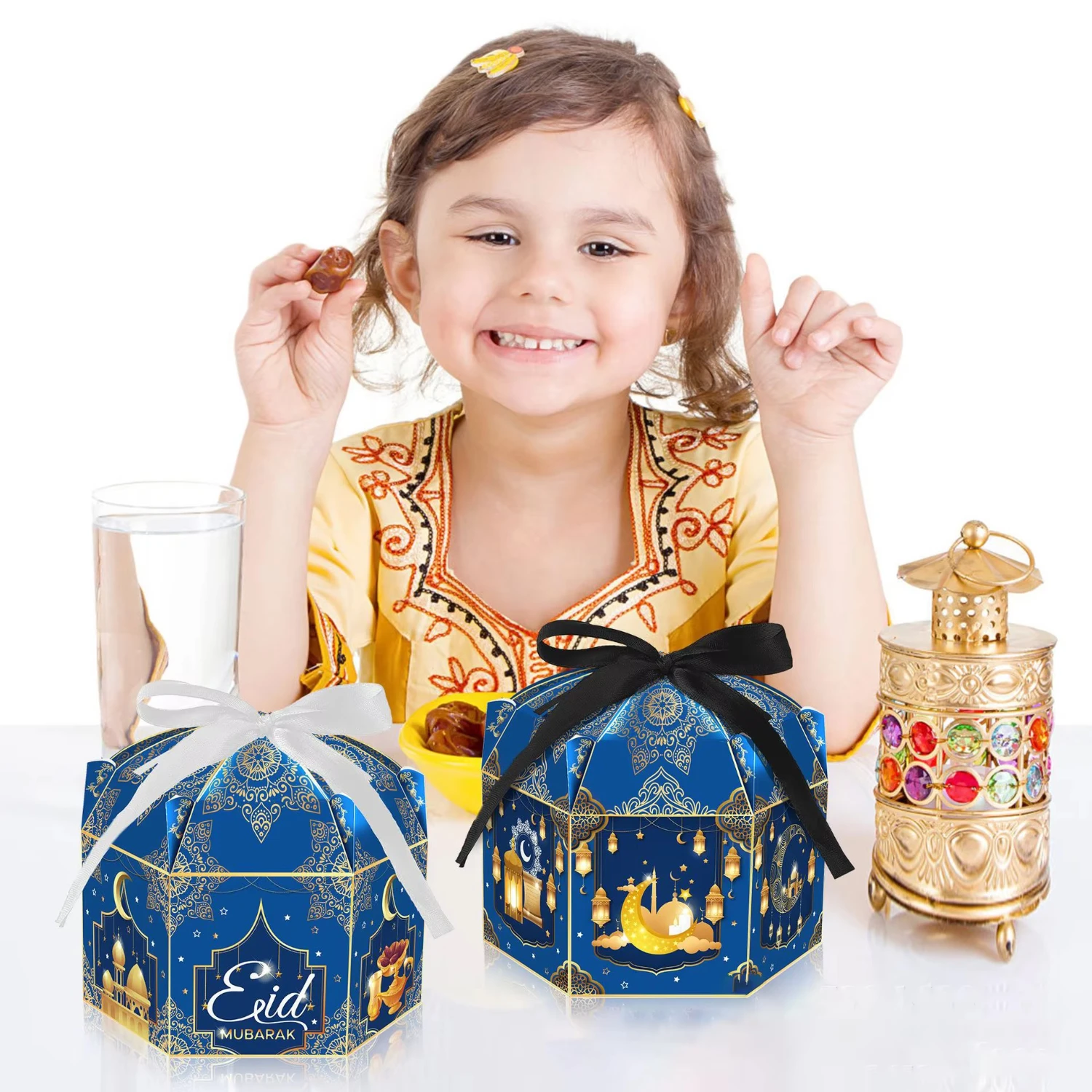 

24pcs Ramadan Eid Mubarak Moon Gold Light Hexagonal Light Blue Carton for Party Gift Candy Festival