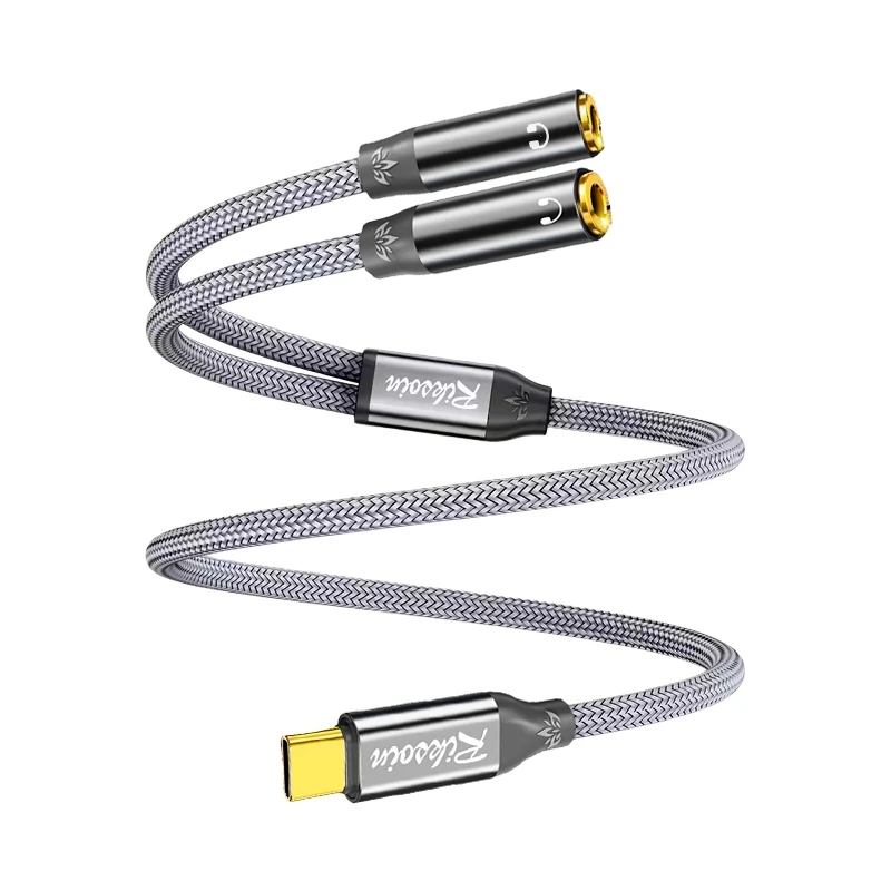 Riksoin Type-C to 2 Female Headphone Splitter, HiFi TRRS Stereo Cable, Audio Adapter for Speaker & Mic Calling, for Phone/PC/Lap