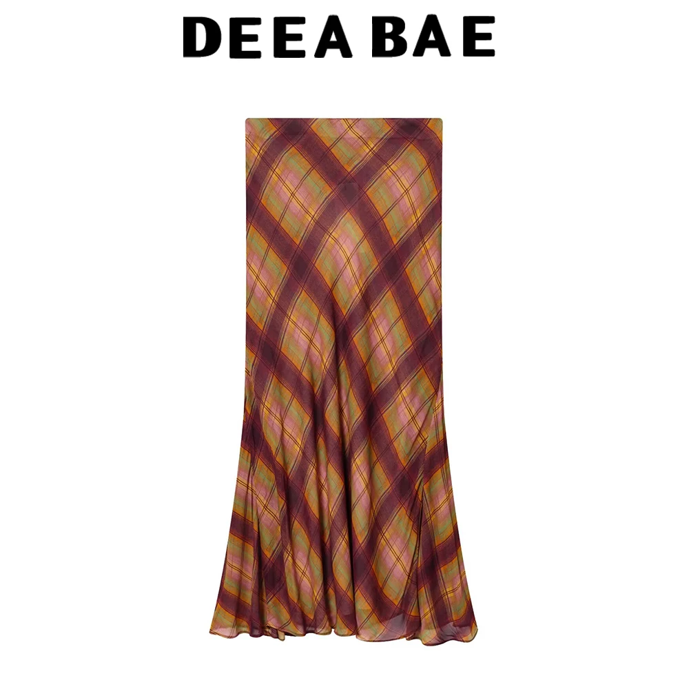 DEEABAE Women's autumn high-end feeling covering the hips and slimming versatile plaid mid waist long skirt