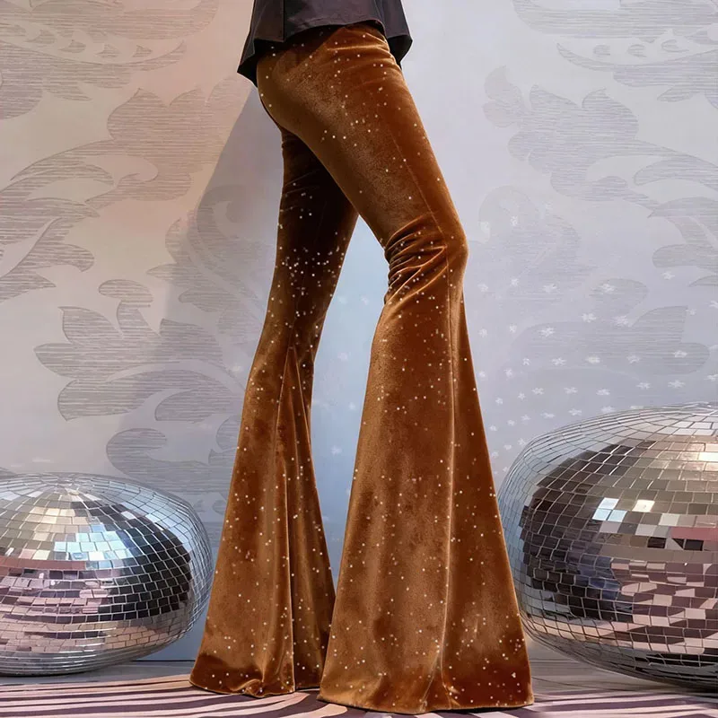 セクシーなダイヤモンド光沢のあるベルベットフレアパンツ女性 2026 春エレガントなハイウエストスリムロングパンツ秋のファッション快適なソフトパンツ