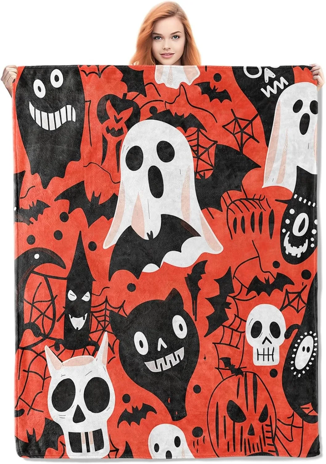 1PC Halloween-Thema-Überwurfdecke, schwarze Katzen, Geisterschädel, Fledermäuse, dünne Decke, Geschenke für Couch, Bett, Auto, Zuhause, Camping, alle Jahreszeiten