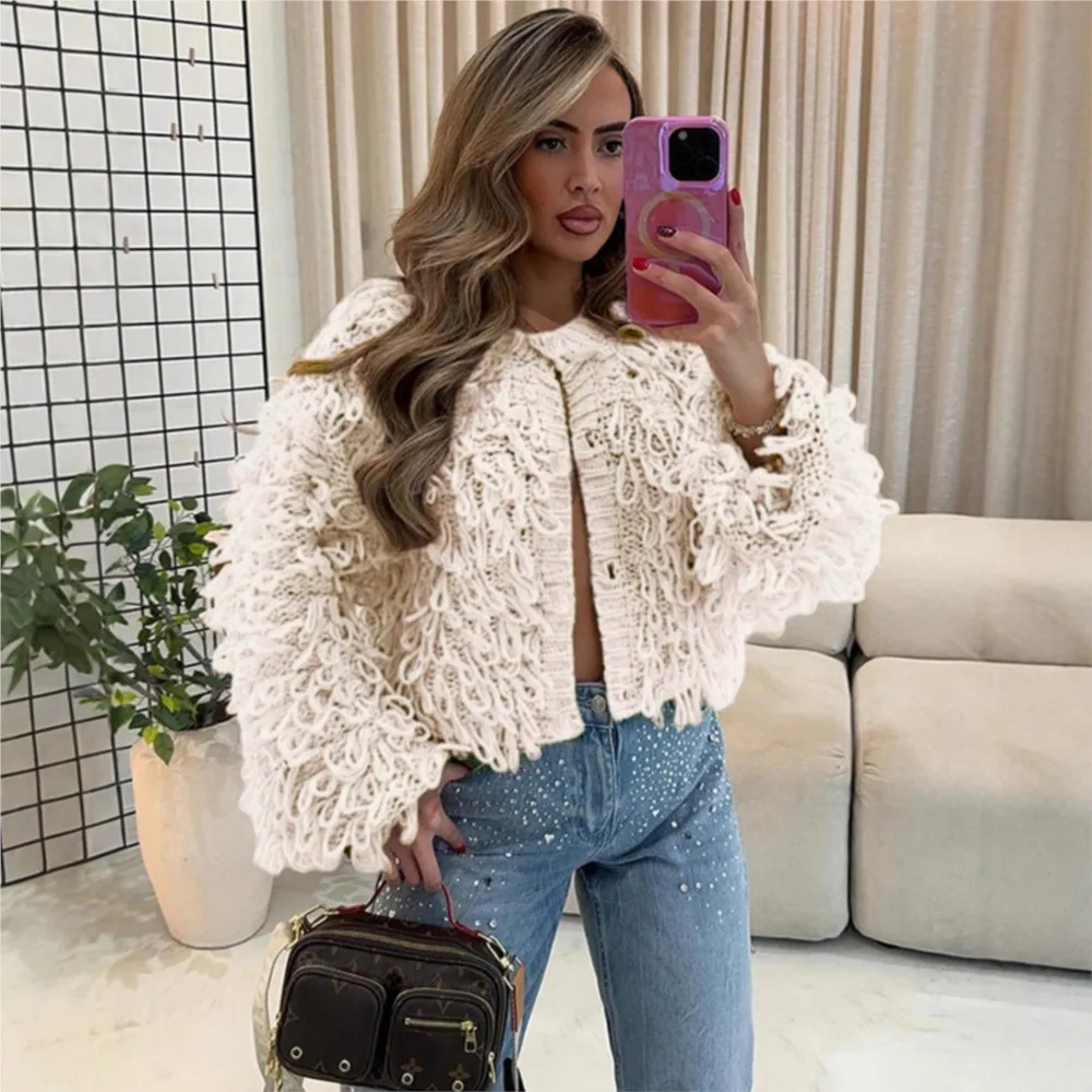

Fashion Individual Women Knitted Fringed Short Coat New Autumn Wintercasual Single-breasted Cardigan Sweater Long Sleeved Jacket