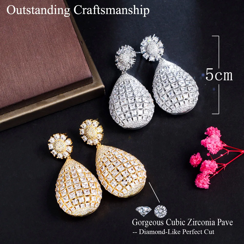 CWWZircons Brilliant White Cubic Zirconia Setting Big Round Drop Long Earrings for Women CZ Wedding Dubai Gold Plated CZ293