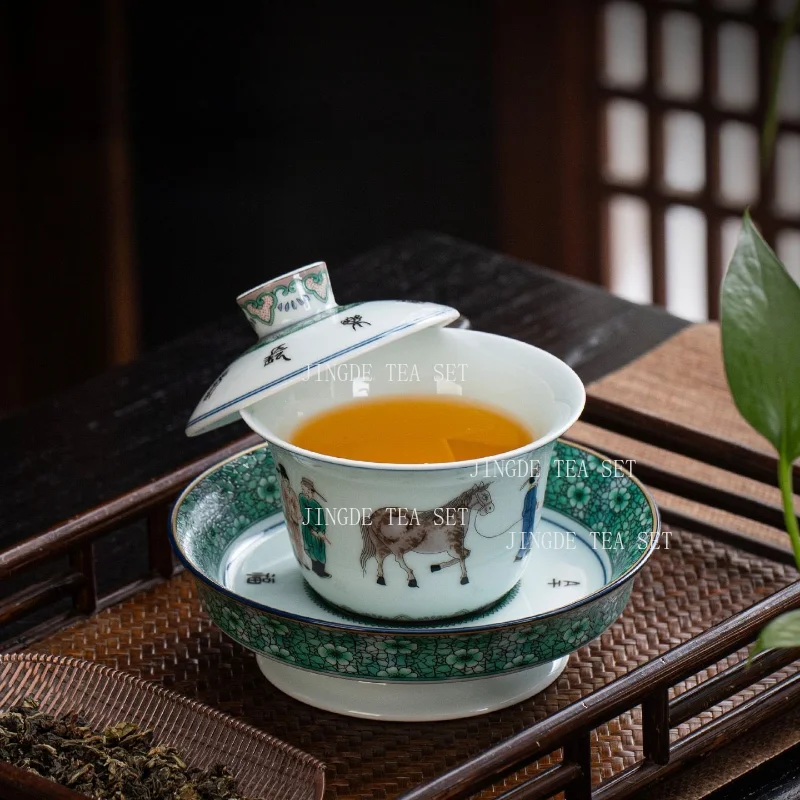 170ml Jingdezhen Porcelain Gaiwan Underglaze Color Character Horse Pattern Sancai Tureen Chinese Kung Fu Tea Cup Accessory