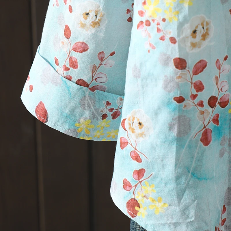 Alta qualidade algodão linho longo sve floral impressão casual irt coreano sle único botão quali topo feminino faion primavera