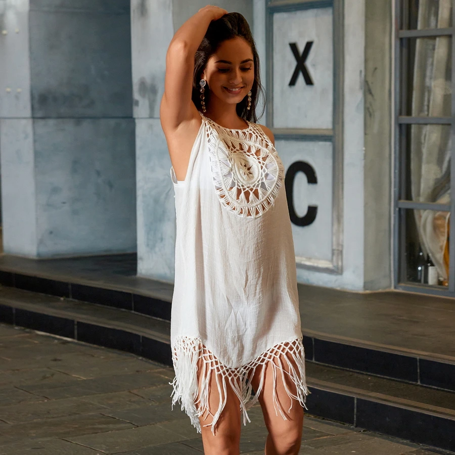 Para Praia Knitted Sleeveless Beach Bikini Cover Ups Tassel Beach Dress 2025 Female Women Swimwear Hollow Out Covers Beachwear