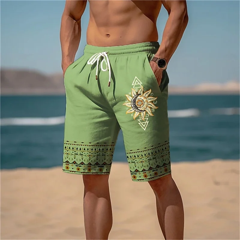 New Men\'s Athletic Shorts Beach Shorts Drawstring Elastic Waist 3D Ethnic Printed Pattern Geometric Totem Breathable Soft Shorts