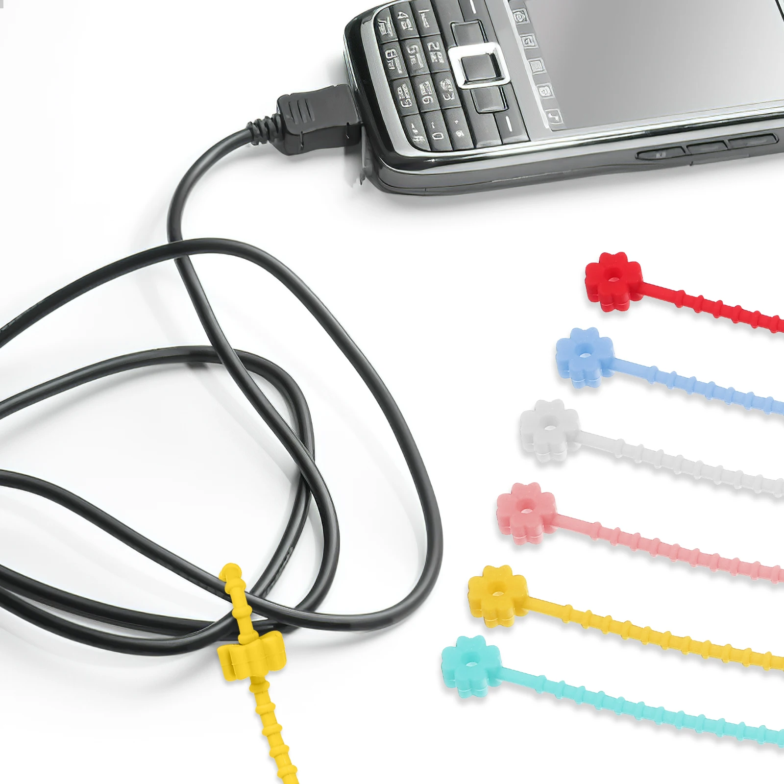 

24Pcs Silicone Cable Ties Soft Elastic Cord Organizer Flower Buckle Design Strap for Wire Management Charging Earphone
