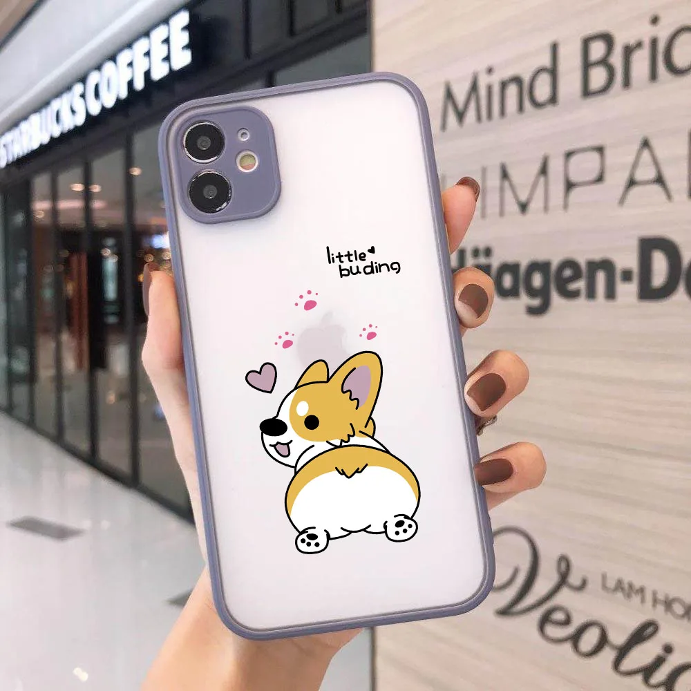 GYKZ Cartoon Dog Corgi Phone Case For iPhone 14 15 13 12 11 Pro XR X XS MAX SE2 8 Plus Pink Love Heart Transparent Matte Coque