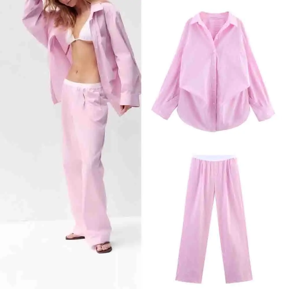 

Women's New fashion buckle decoration loose sleepwear style striped pants retro elastic waist women's pants+Shirt Women's suit
