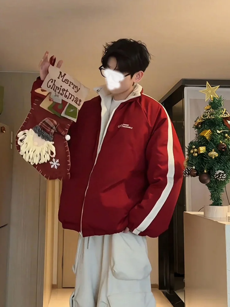 

Red Double-Sided Winter Thiened Cotton Jaet Men's Sle Stand Collar American Bread Sle Coat Youth Faion Casual Wear