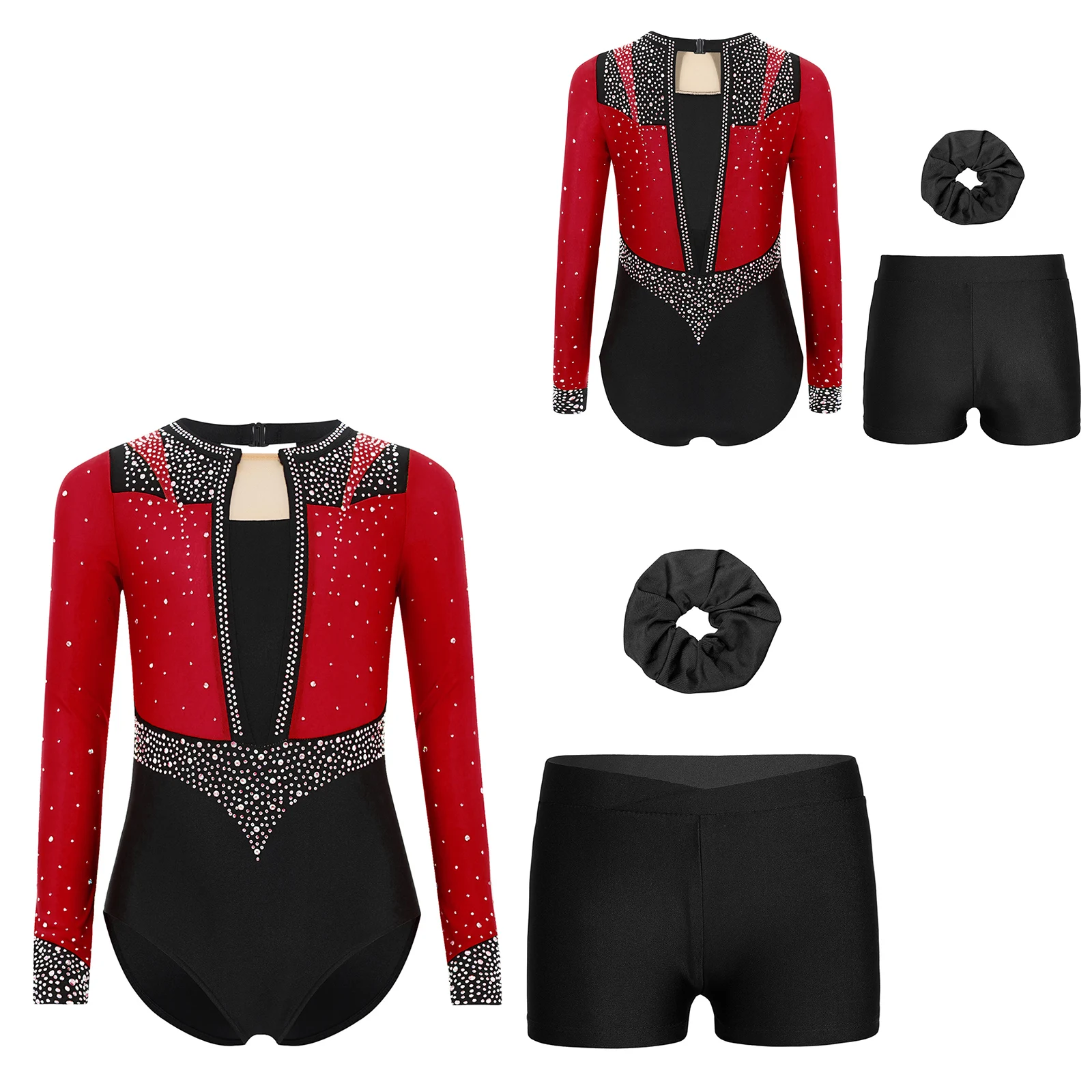 

Girls Rhythmic Gymnastics Leotards Outfit Long Sleeve Sparkly Rhinestones Bodysuit and Shorts Figure Skating Performance Costume