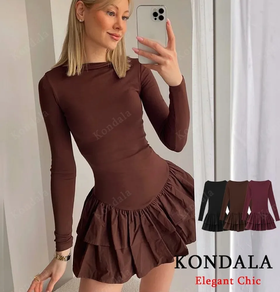 KONDALA فستان نسائي خريفي أنيق بأكمام طويلة وحاشية قابلة للتمدد فستان قصير بني نحيف موضة ربيع 2025 فستان ريترو غير رسمي