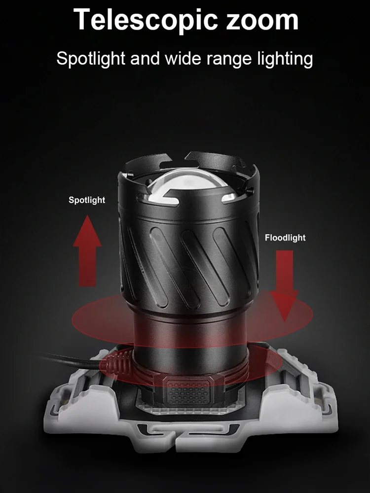 Lampu depan LED 100000 LM, lampu depan kecerahan tinggi yang dapat diisi ulang, 4 mode pembesaran 270 ° dapat disesuaikan untuk luar ruangan, bersepeda dan