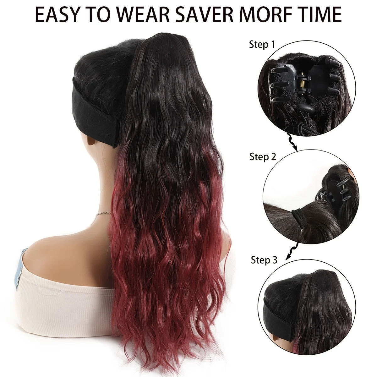 Synthetic long 18inch black gradient ponytail with small claw water wave ponytail extenstion for women