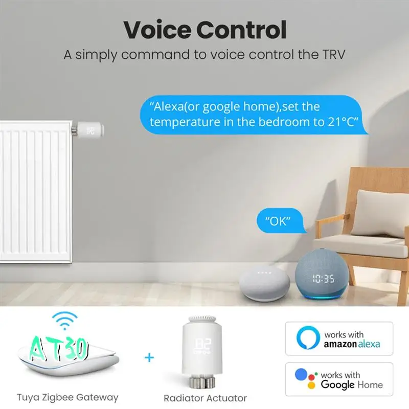 

Термостат Tuya Zigbee, привод радиатора, умный термостатический клапан TRV, регулятор температуры, белый ПК для Alexa Google Home-AT30