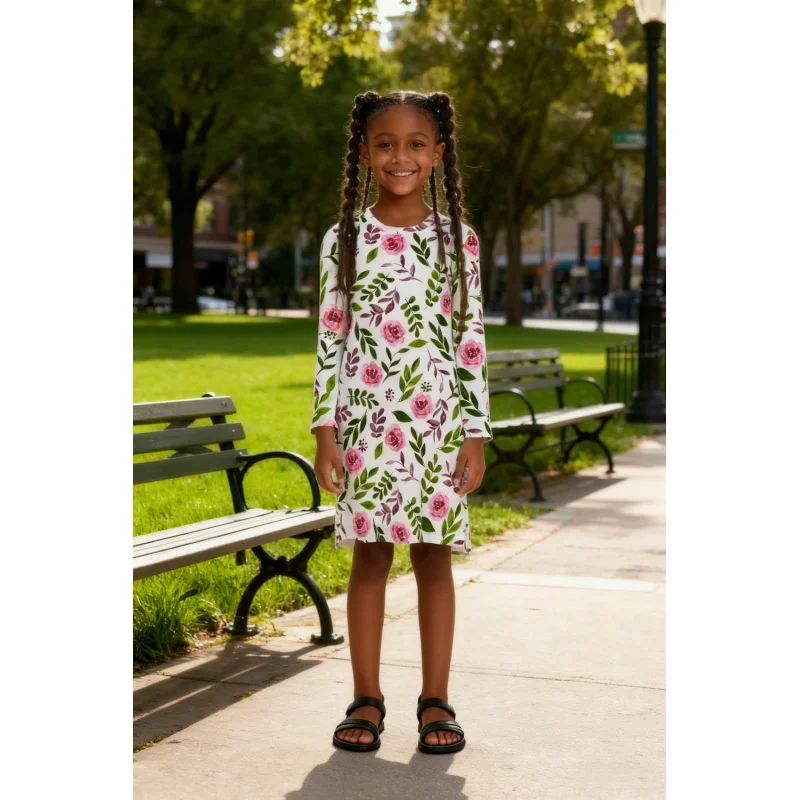 

2025 Hot Sale, White High Saturation Floral Print Long Sleeve Casual Dress - Comfortable Kids Dress