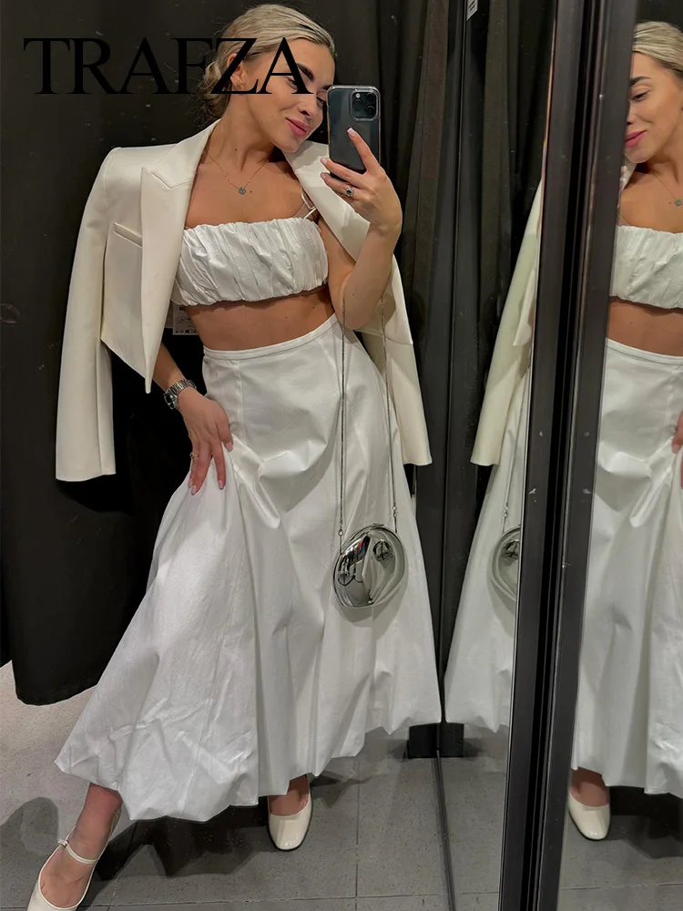 TRAFZA Canotta corta senza spalline senza maniche estiva da donna + gonna a vita alta con cerniera a pieghe 2024 elegante set chic bianco da 2 pezzi