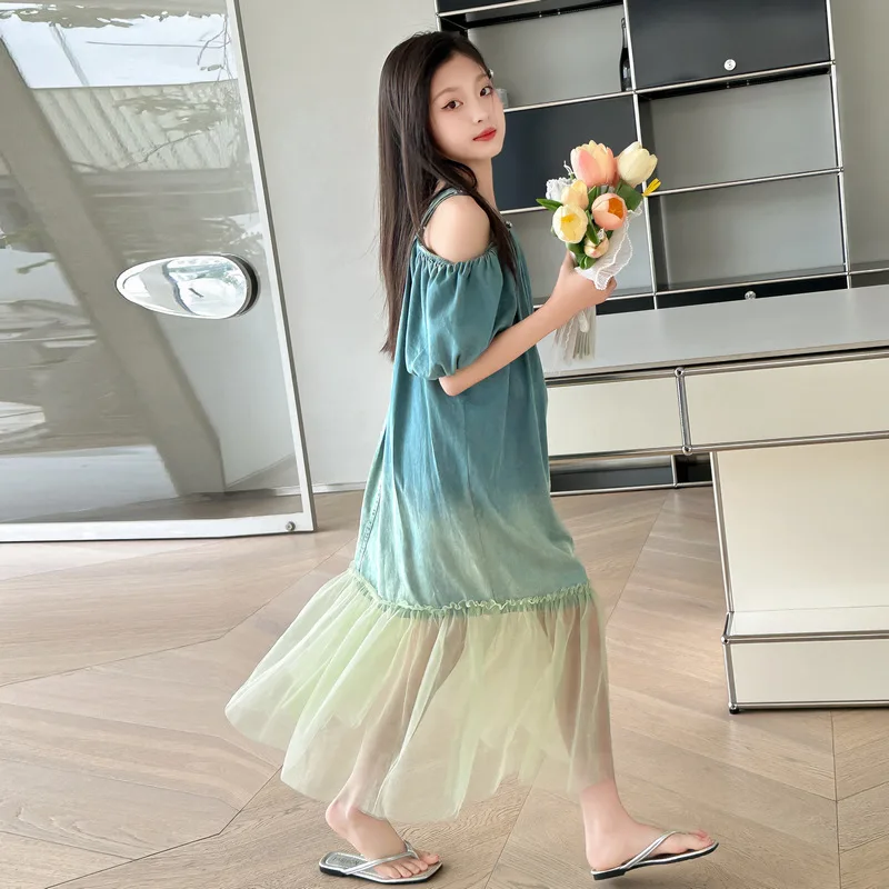 Kids Dresses for Girls Summer Shoulderless Denim Princess Dress Blue Fashion Casual Mesh Patchwork Vacation Dress Teen Clothes
