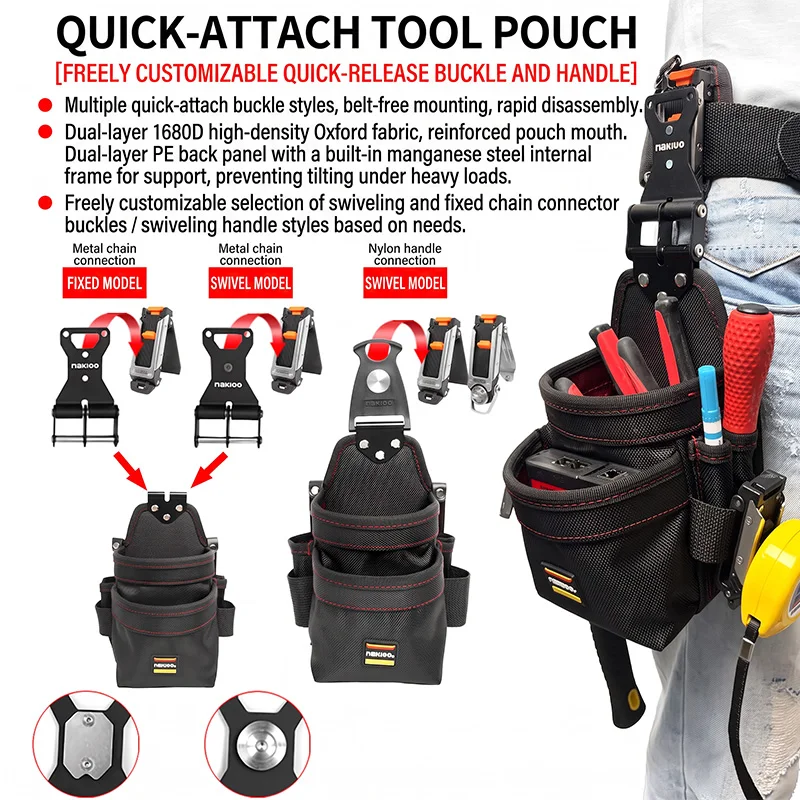 NAKIOO Rotatable Quick Clip Tool Waist Pouch Hardened Back Panel Multifunctional Portable Electrician Tool Storage Hanging Bag