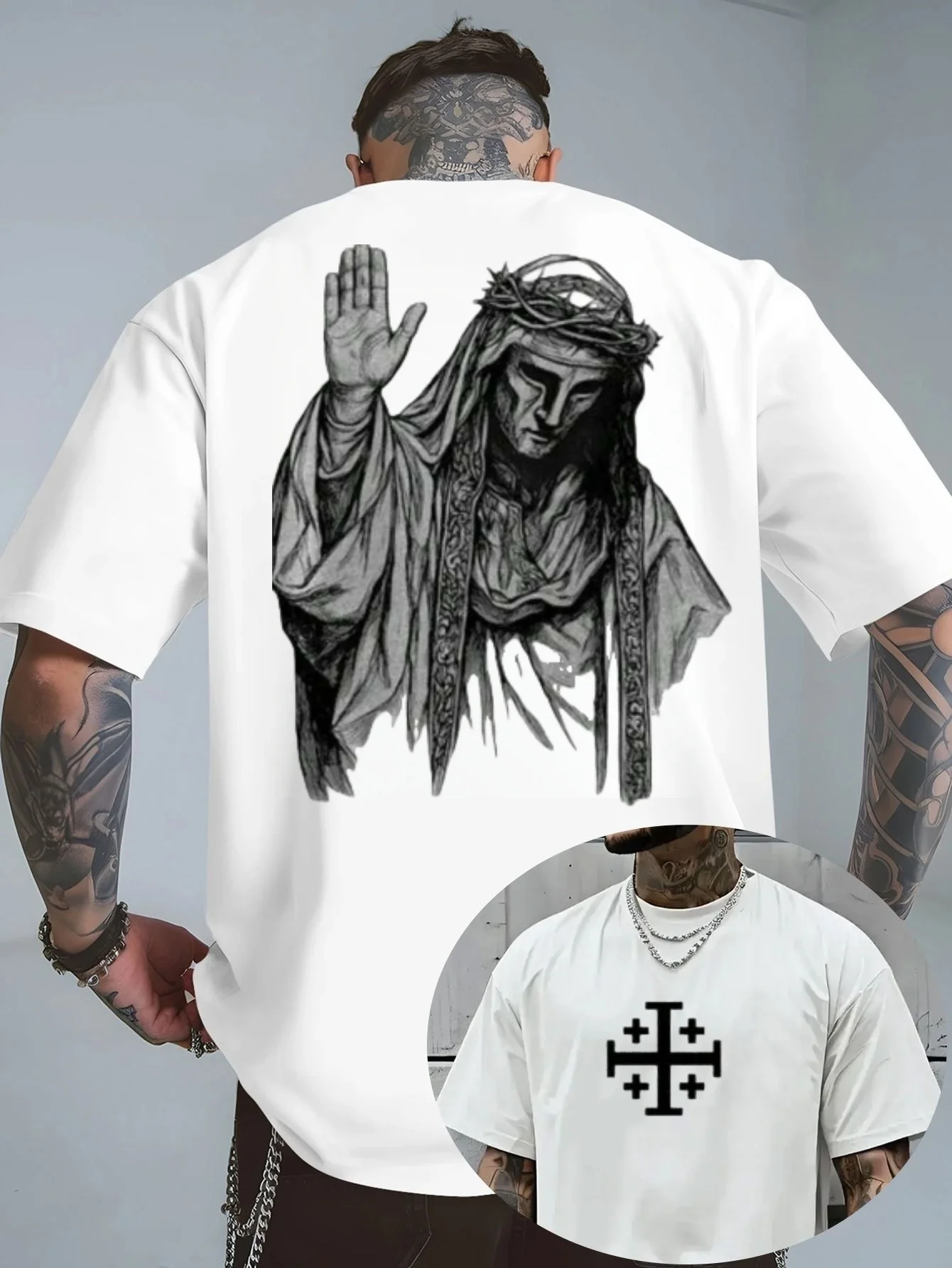Men's Retro Religious Culture T-Shirt with Jesus Portrait & Jerusalem Cross Design 2026 Summer Cotton Casual Streetwear Top