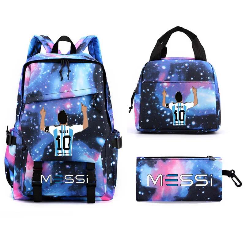 Messi Backpacks 3pcs Teens Bookbag Nylon Rucksack Football Girl Boys Backpack Women Men Lunch bags High Schoolbag Big Mochilas