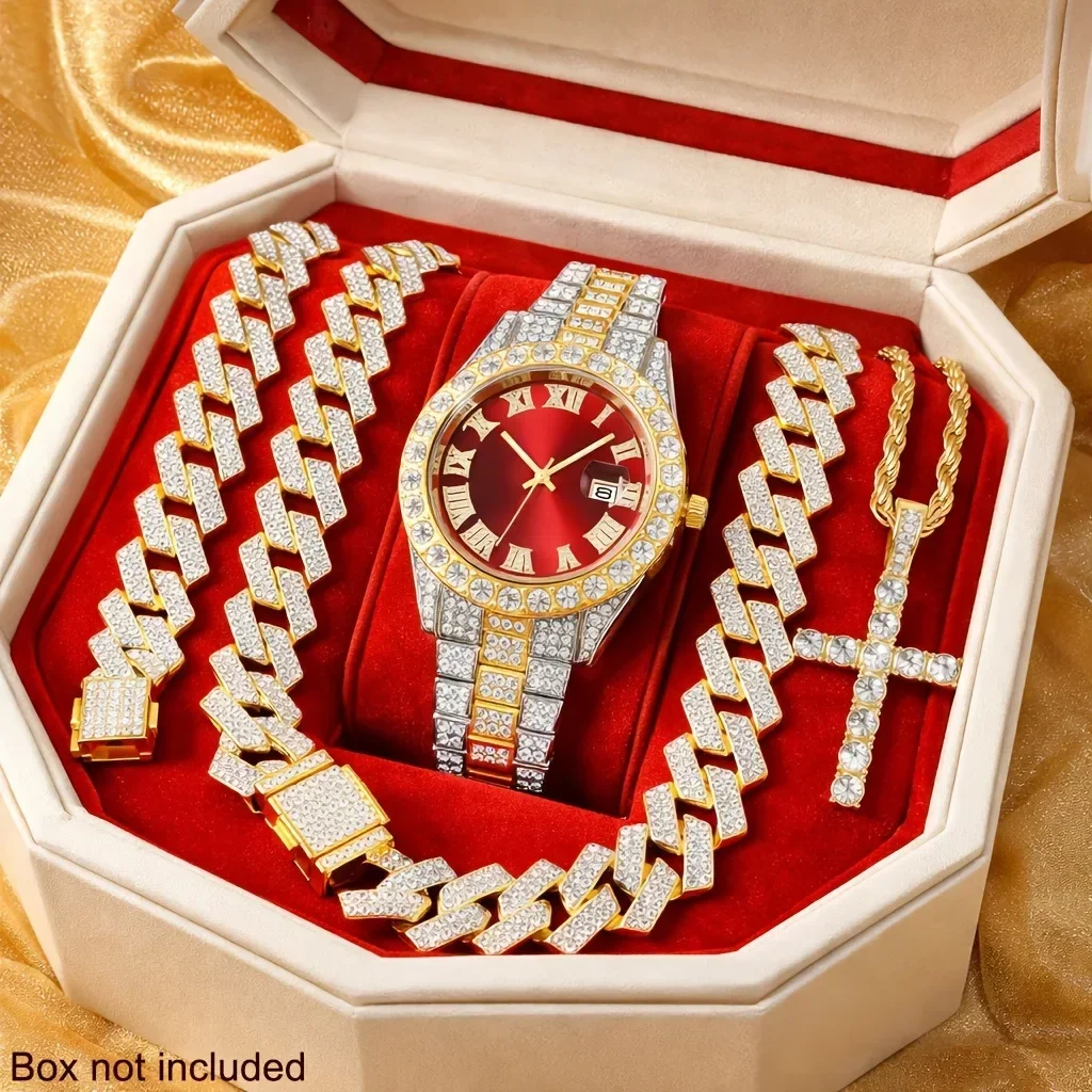 4pcs Foreign Trade Hot selling Men's Diamond Hip Hop Four Piece Set (Watch/Cuban Chain Bracelet/Necklace/Pendant)