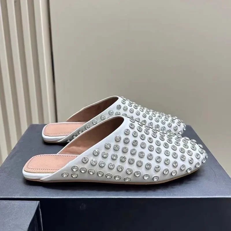 Crystal Rivet Slippers for Women, Fashionable Round Toe Flat Shoes, Luxurious Black Leather Sandals, New