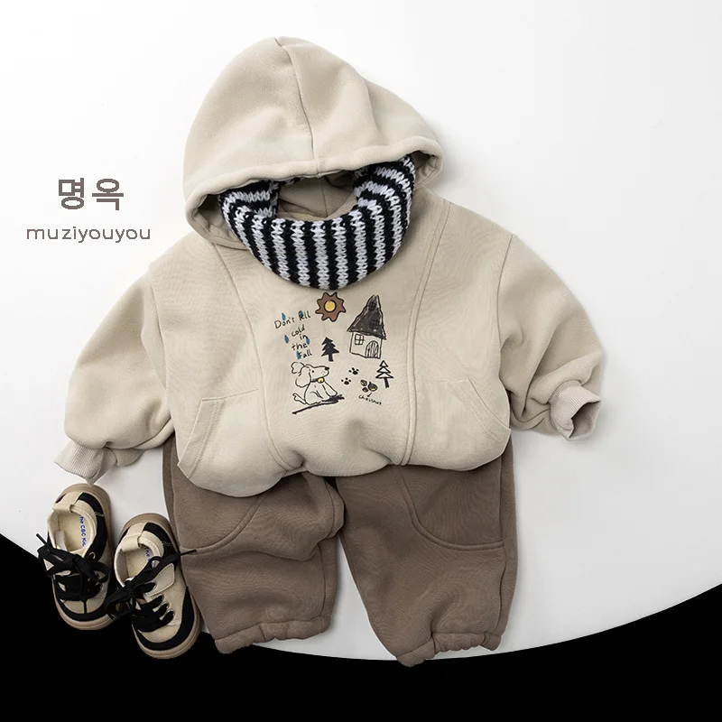 2026 Winter New Children Plus Velvet Thick Hoodie Vintage Kids Fleece Tops Boys Girls Warm Hooded Sweatshirt Baby Clothes