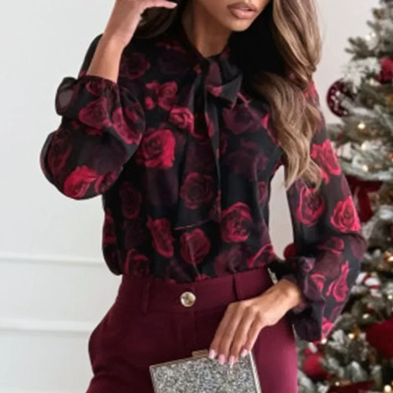 

2025 New Bow Collar Women Blouse Long Sleeve Print Chiffon Blouse Shirt Women Tops Blouses Shirts Blusas Para Mujer Camisas Q198