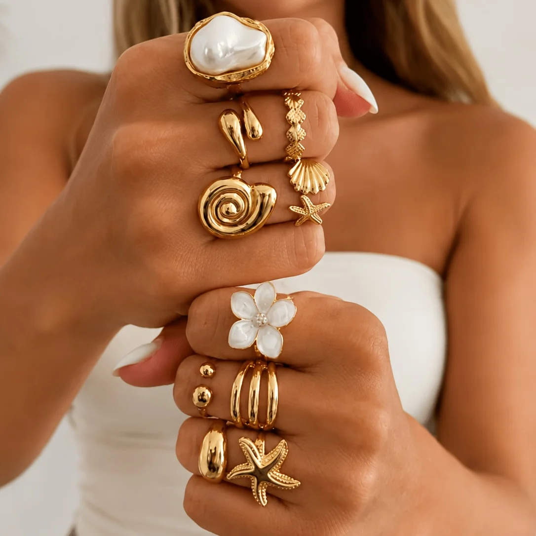 10 piece Bohemian Ocean Style Starfish Ring Set, suitable for daily beach vacation wear, can be used as a game prize or gift