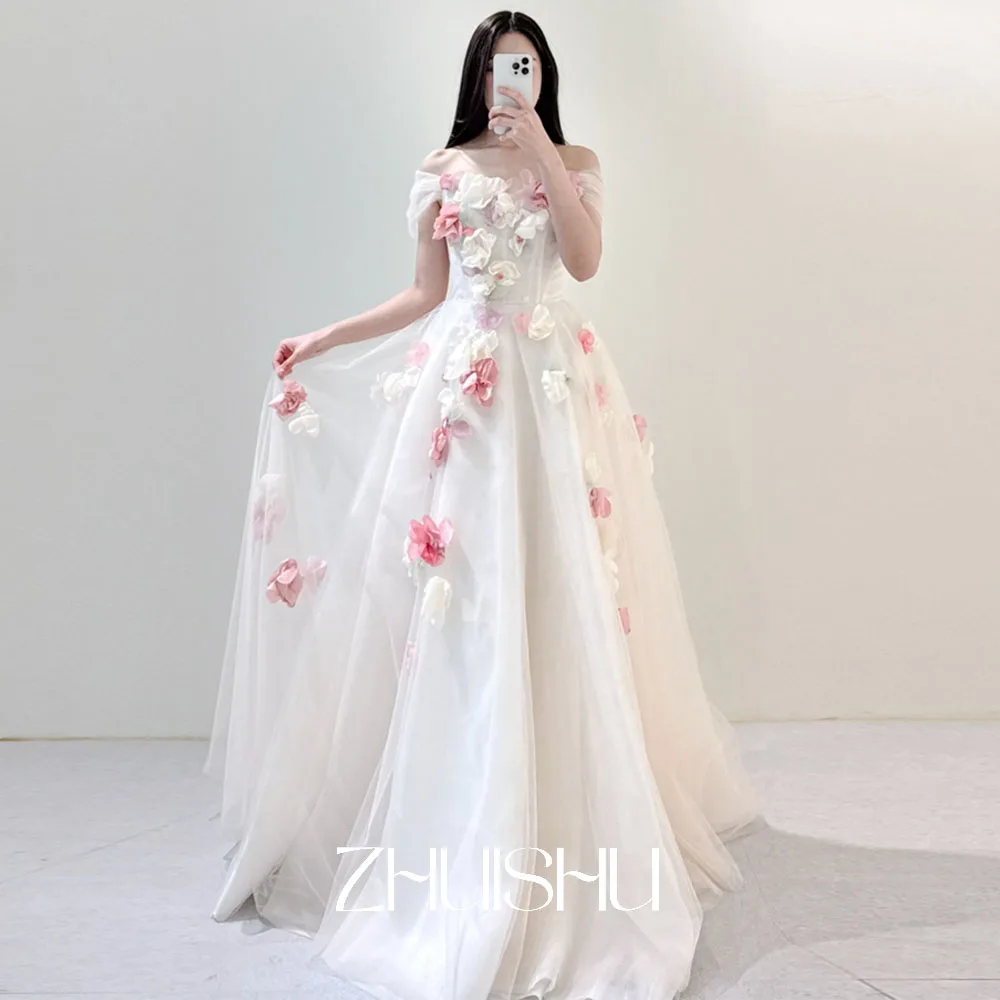 ZHUISHU 3D Flowers Fairy Korean Wedding Dresses Off the Shoulder Corset Back Bridal Gown Customized Photo Shoot Party Gown
