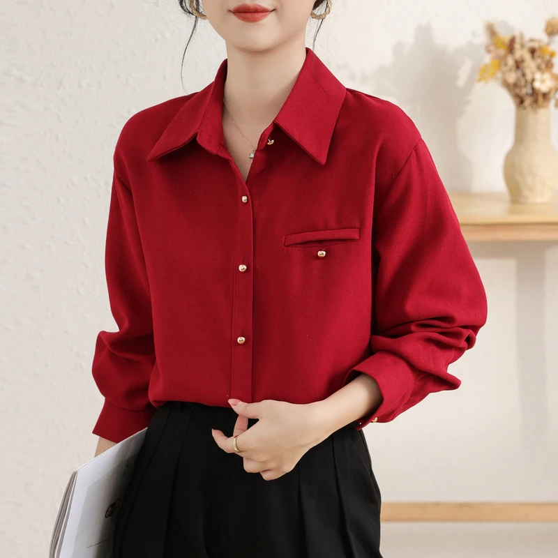 

Autumn Winter Corduroy Women's Blouses 2025 New Single Breasted Long Sleeve Elegant Korean Office Lady Casual Loose Shirt Female