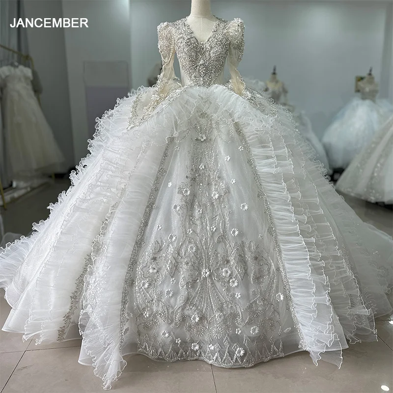 

Jancember Surprise Price Modern Wedding Dresses For Women Organza Floor-Length Full Sleeves Beading vestidos de novia XS045