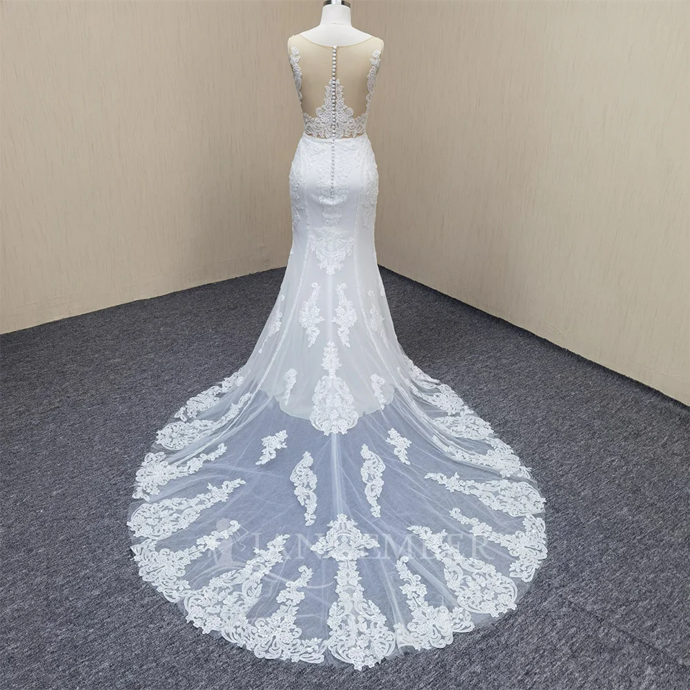 Abiti da sposa principessa in pizzo Abiti da sposa senza maniche con scollo a V profondo Spose Sweep Train Abiti da sposa Personalizzato LSLY103