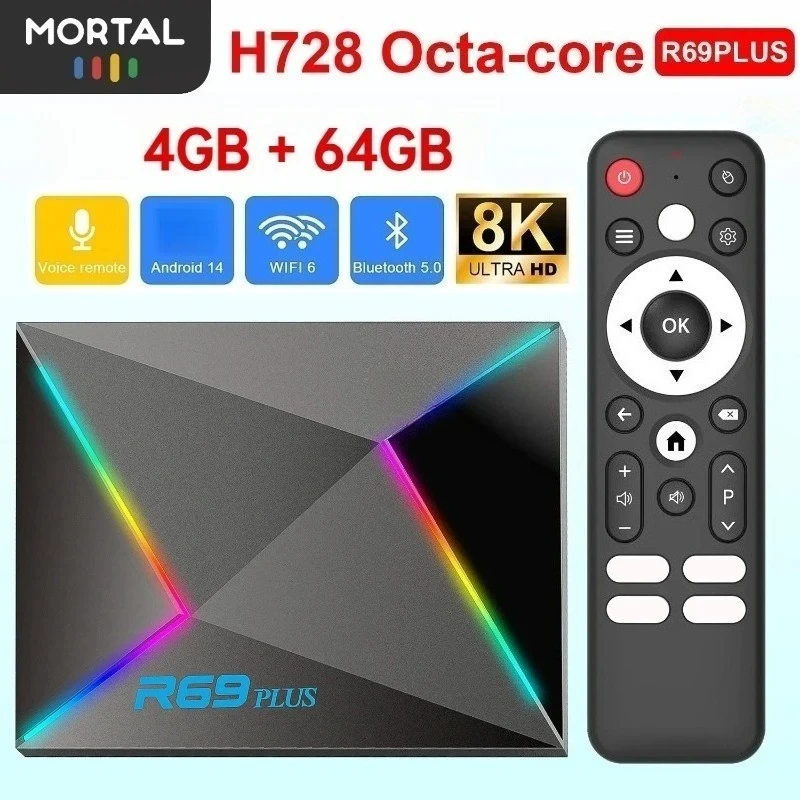 R69 Plus TV-Box Android14 Ultra Sprachsteuerung HDR10 8K Allwinner H728 Octa-Core 1000M LAN WIFI 6 BT5.0 Media Player Set-Top-Box