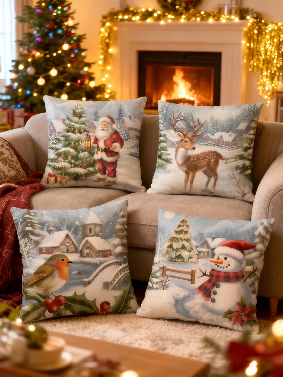 

Christmas Cushion Cover Pack of 4 for Christmas, Xmas,Deer Tree Design Elements Print for Living Room Sofa Bed Decor