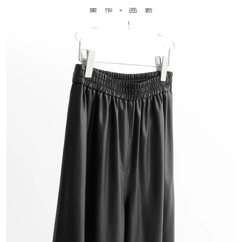 Moeiteloos cool meisje ~ mysterieuze zwarte elastische taille losse pu lederen broek, klassieke veelzijdige broek met rechte pijpen, luie stijl casual broek, nieuw voor herfst en winter 2025